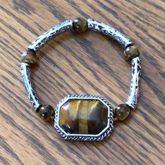 Vintage Tiger’s Eye and Silvertone Hollow Detail Stretch Bracelet EUC - Picture 1 of 8